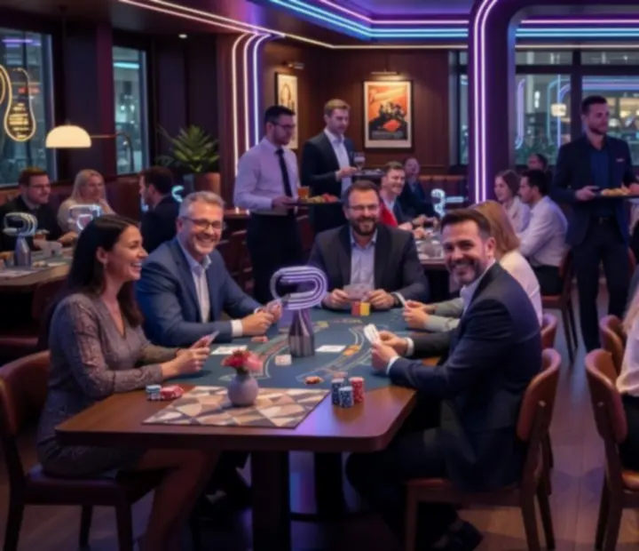 Skupina hostů u blackjackového stolu během soukromé nebo firemní akce v Ceslorii