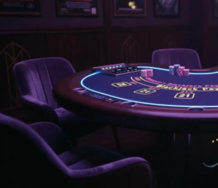 Podsvícený blackjackový stůl v restauraci Wonderstar s. r. o. s neonovými detaily a večerní atmosférou