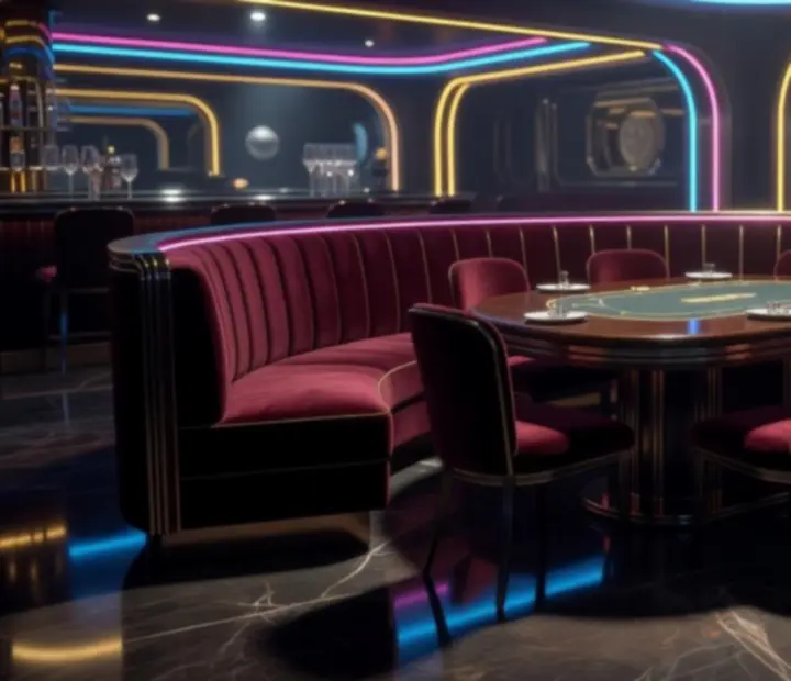 Ukázka retro‑futuristického prostoru restaurace Wonderstar s. r. o. připraveného na společenský večer