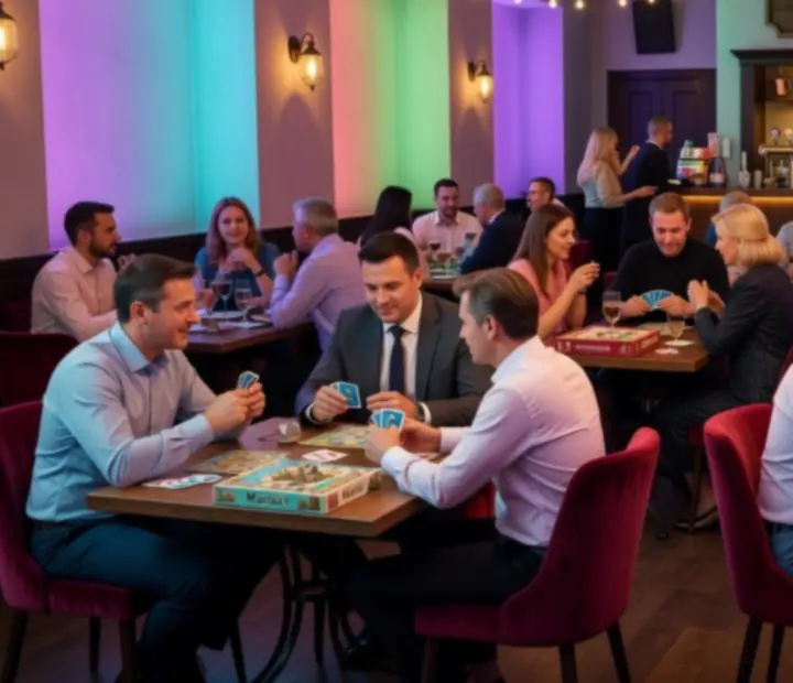 Večerní fotografie hostů v restauraci Wonderstar s. r. o. u nasvícených stolů a baru.
