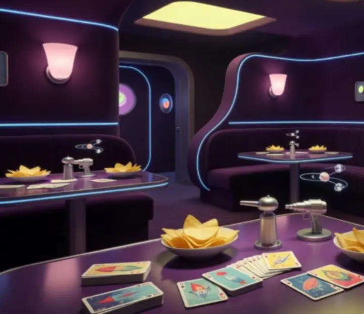 Retro‑futuristický interiér restaurace Wonderstar s. r. o. s fialovým pozadím a neonovým nasvícením.