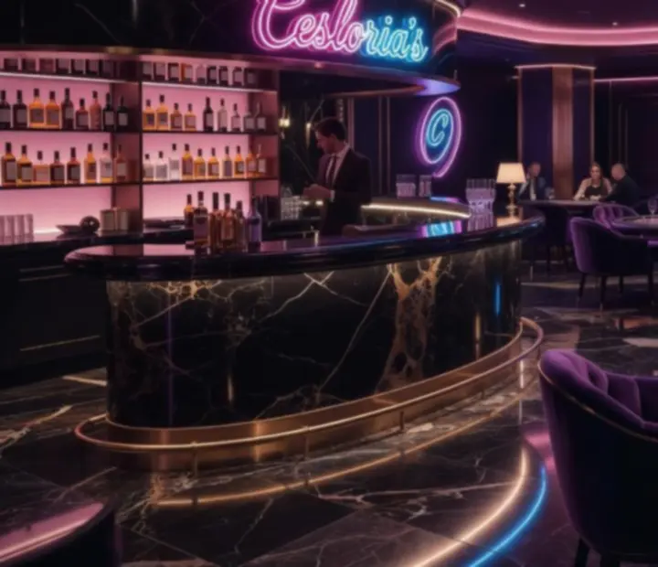 Interiér restaurace Wonderstar s. r. o. v noční atmosféře s neonově zbarveným osvětlením a hosty u stolů.