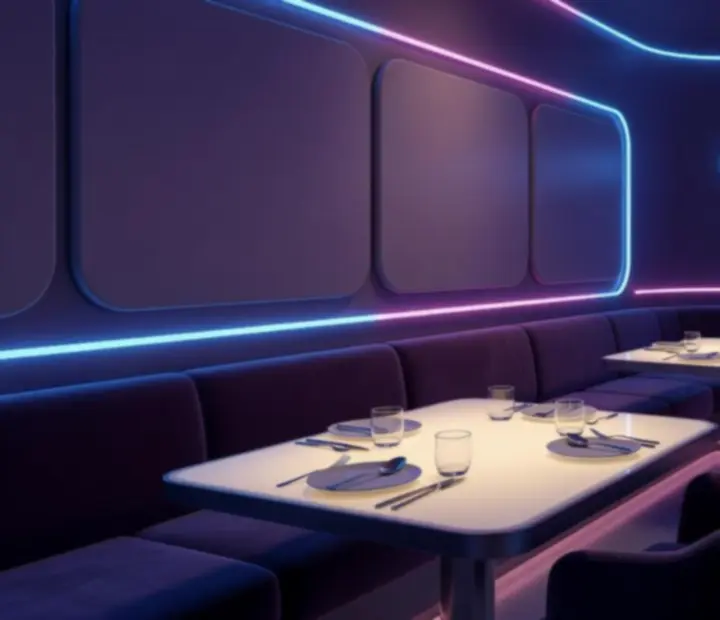 Retro-futuristický interiér restaurace Wonderstar s. r. o. s večerním osvětlením