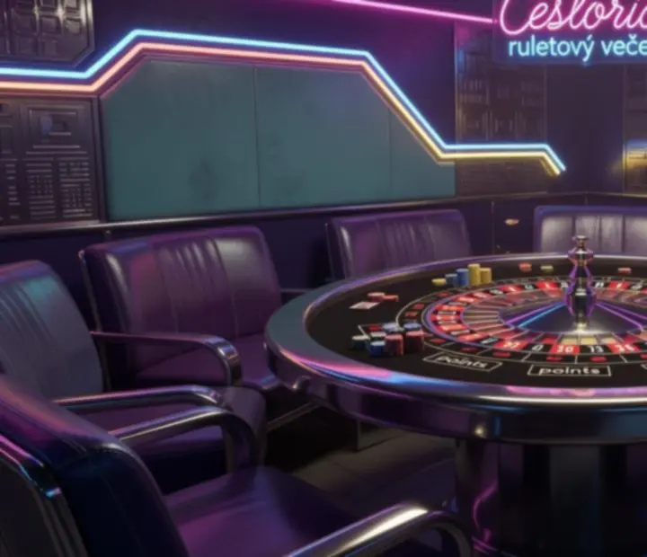Ruletový stůl v retro-futuristickém prostoru restaurace Wonderstar s. r. o. s večerní atmosférou.