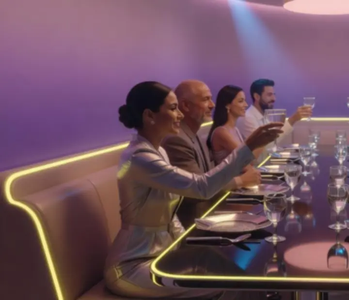 Soukromá večerní oslava v restauraci Wonderstar s. r. o. s tlumeným neonovým osvětlením a hosty u stolů.